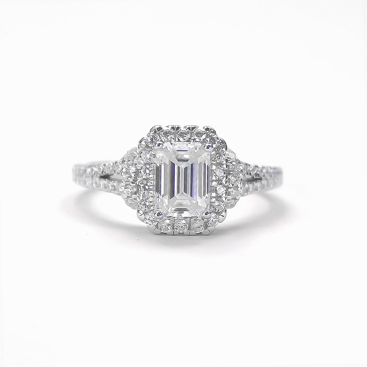 Front view of emerald cut halo moissanite ring in 18K gold plated sterling silver