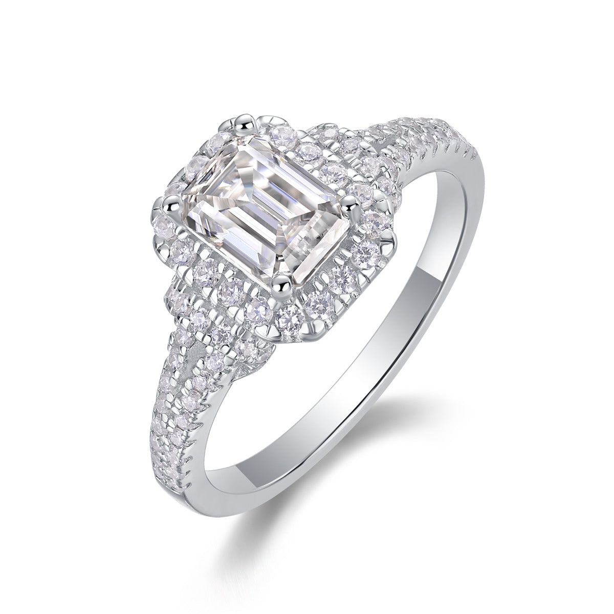 Emerald cut halo moissanite ring in 18K gold plated sterling silver, vertical angled view