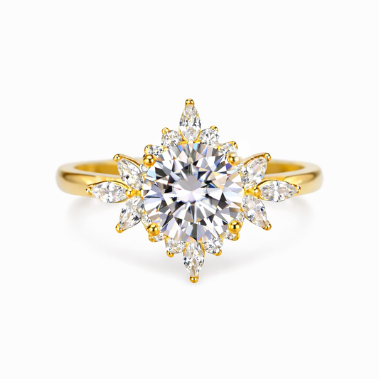 Front view of floral halo moissanite ring in 18K gold plated sterling silver on clean white background