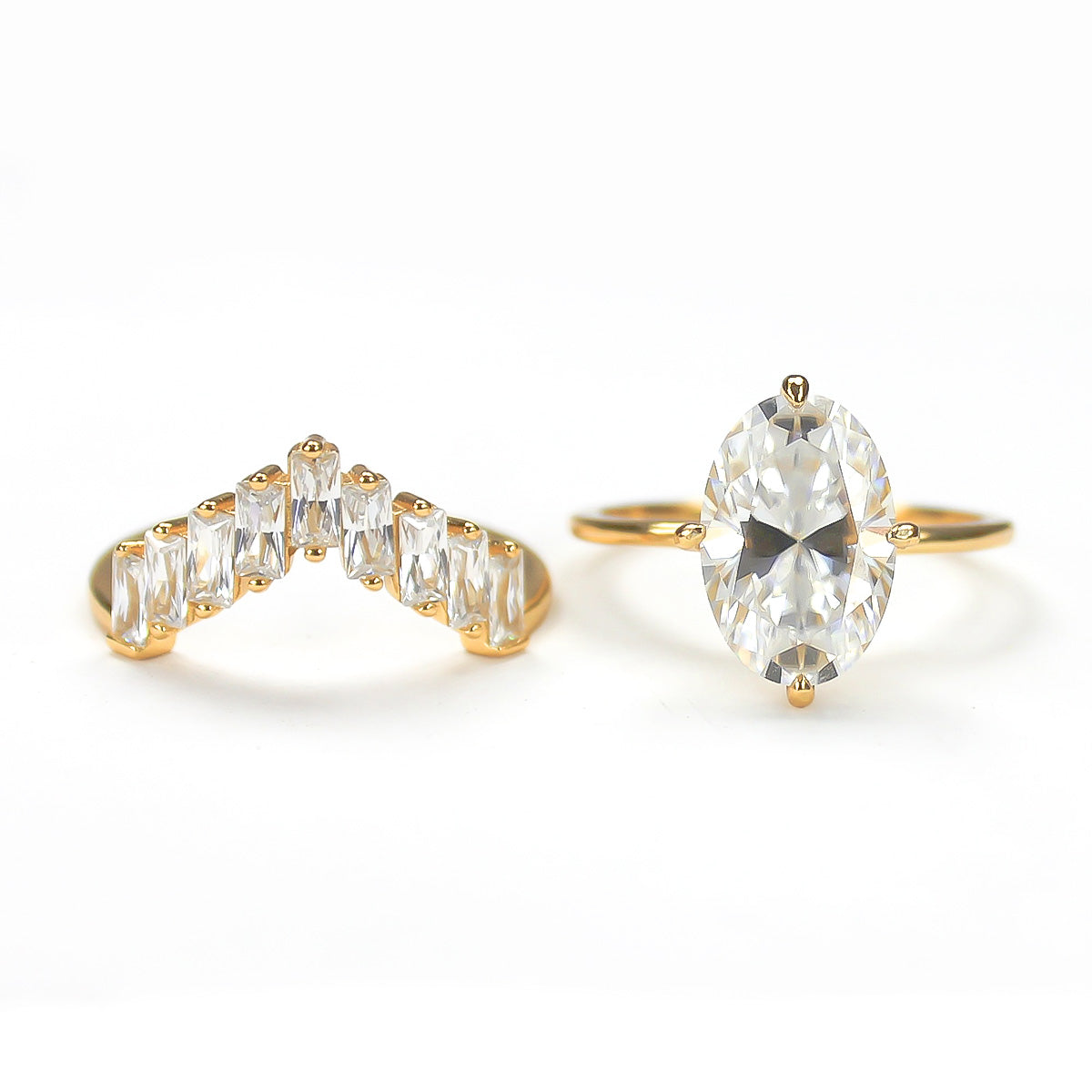 Geometric cluster moissanite ring set in 18K gold plated sterling silver on white background