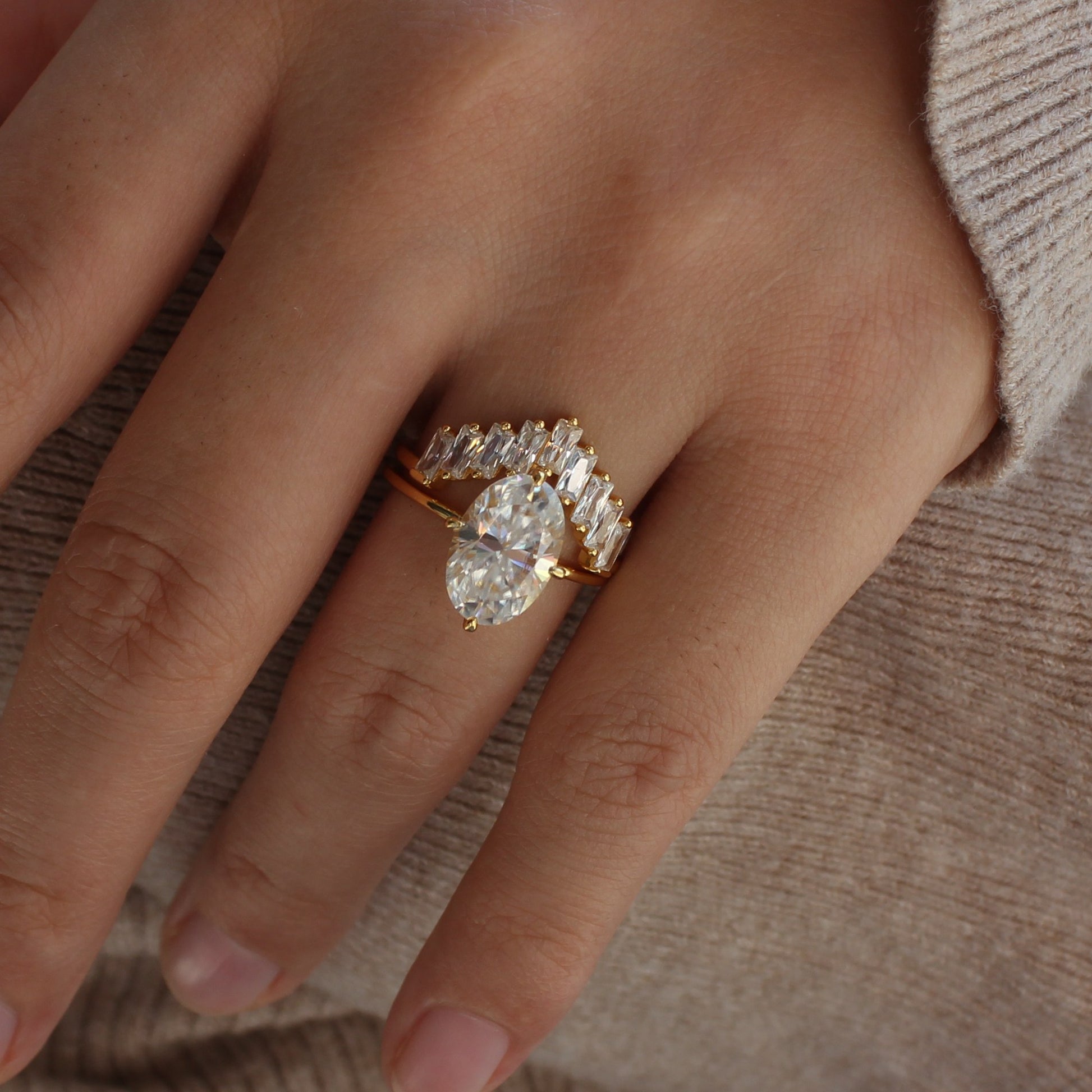 Moissanite cluster ring worn on hand, minimal styling