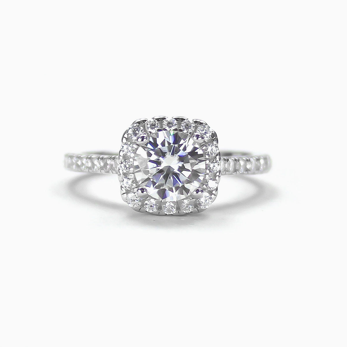 Halo pavé moissanite ring in 18K gold plated sterling silver, front view on white background