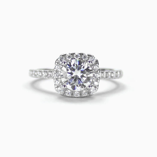 Halo pavé moissanite ring in 18K gold plated sterling silver, front view on white background