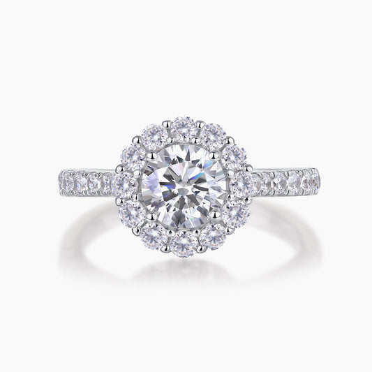Front view of halo pavé moissanite ring in 18K gold plated sterling silver on clean white background