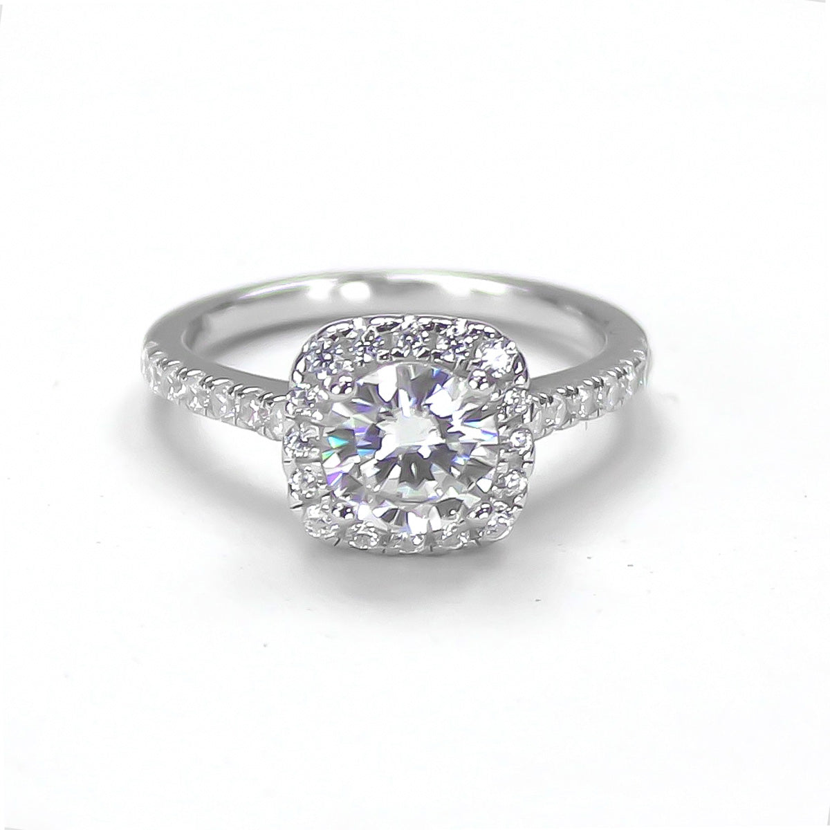 Top angled view of halo pavé moissanite ring in 18K gold plated sterling silver