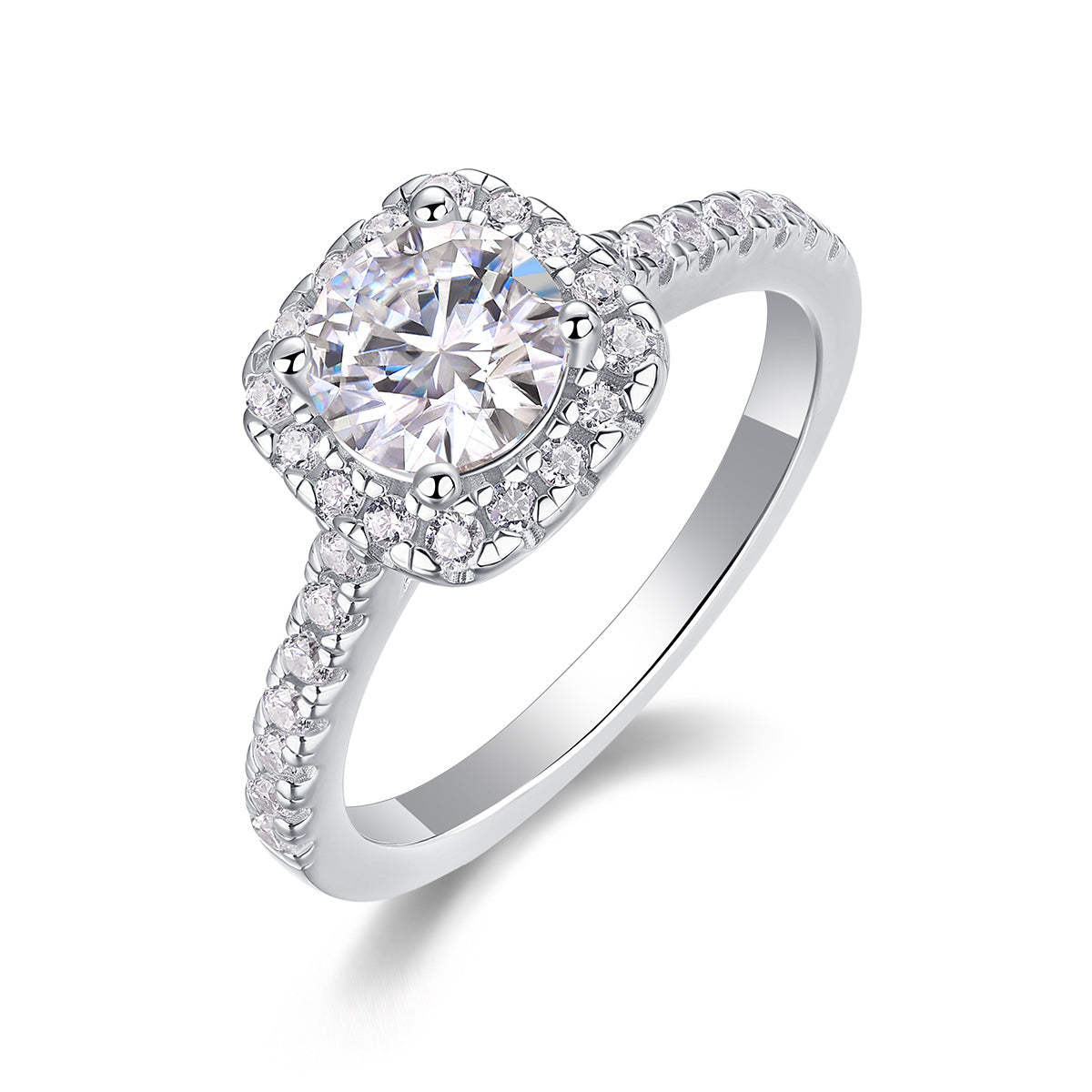 Halo pavé moissanite ring in 18K gold plated sterling silver, vertical angled view