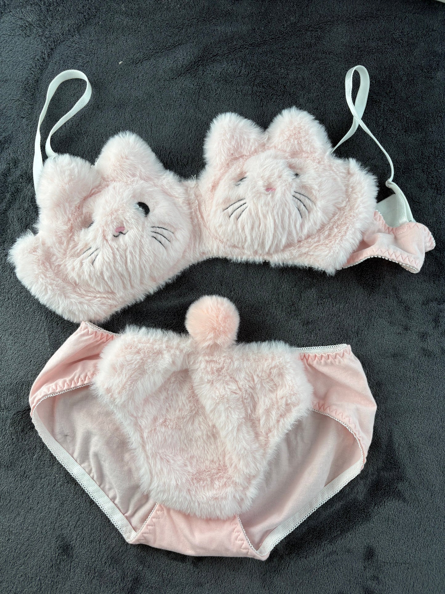 Cute Pink  Cat Plushy Set 2-Pieces Lingerie Set
