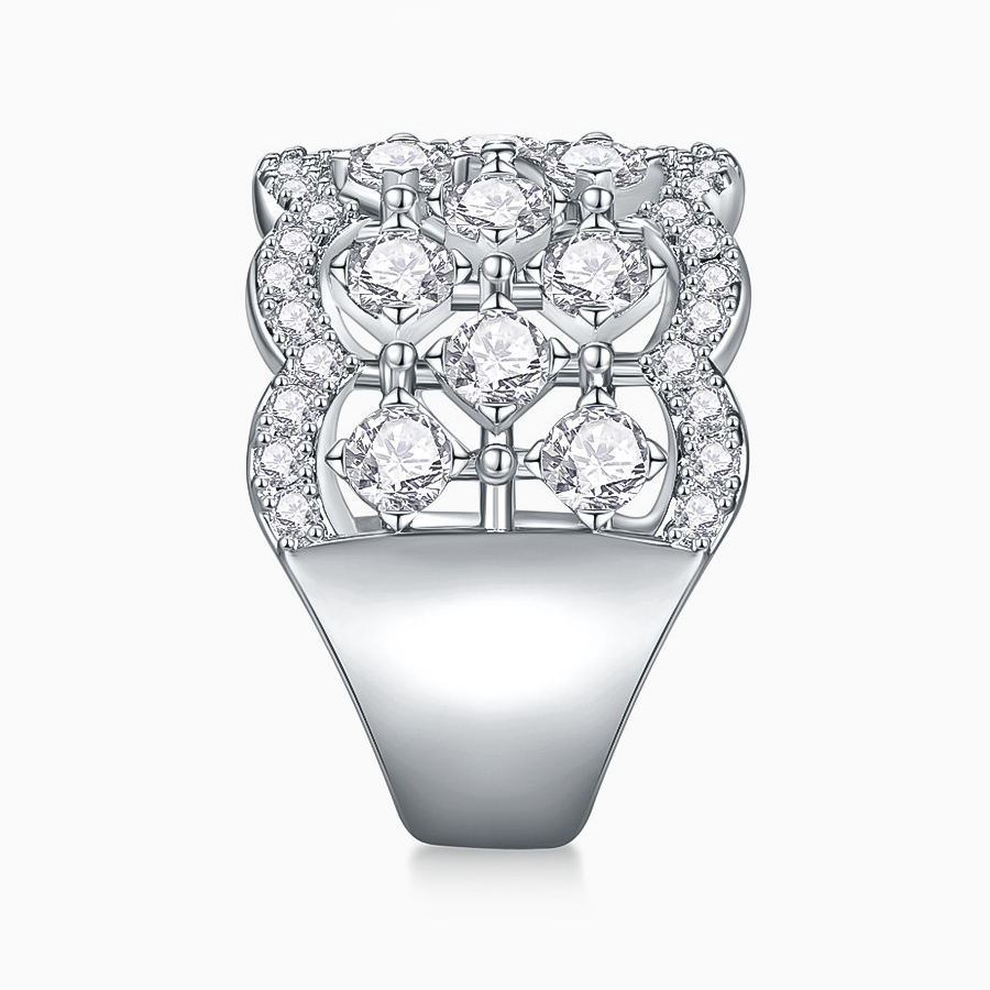 Vertical side view of Lattice pavé moissanite statement band on clean white background