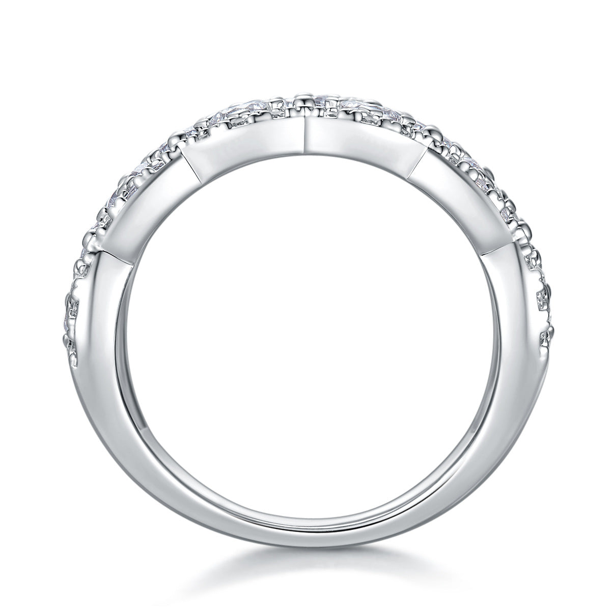 Vertical side view of Lattice pavé moissanite statement band on clean white background