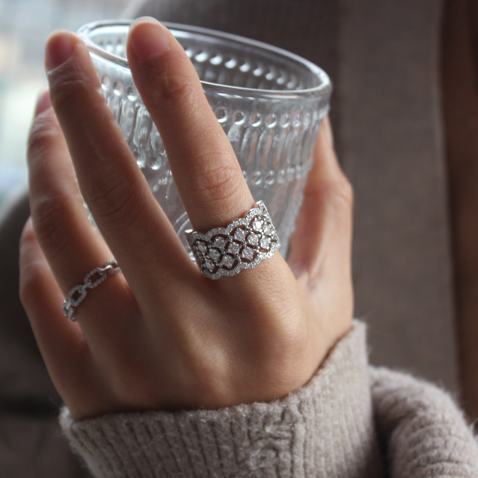 Statement styling of Lattice moissanite band ring on hand