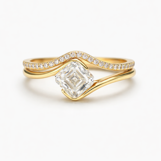Liora duo moissanite ring set in 18K gold plated sterling silver on white background