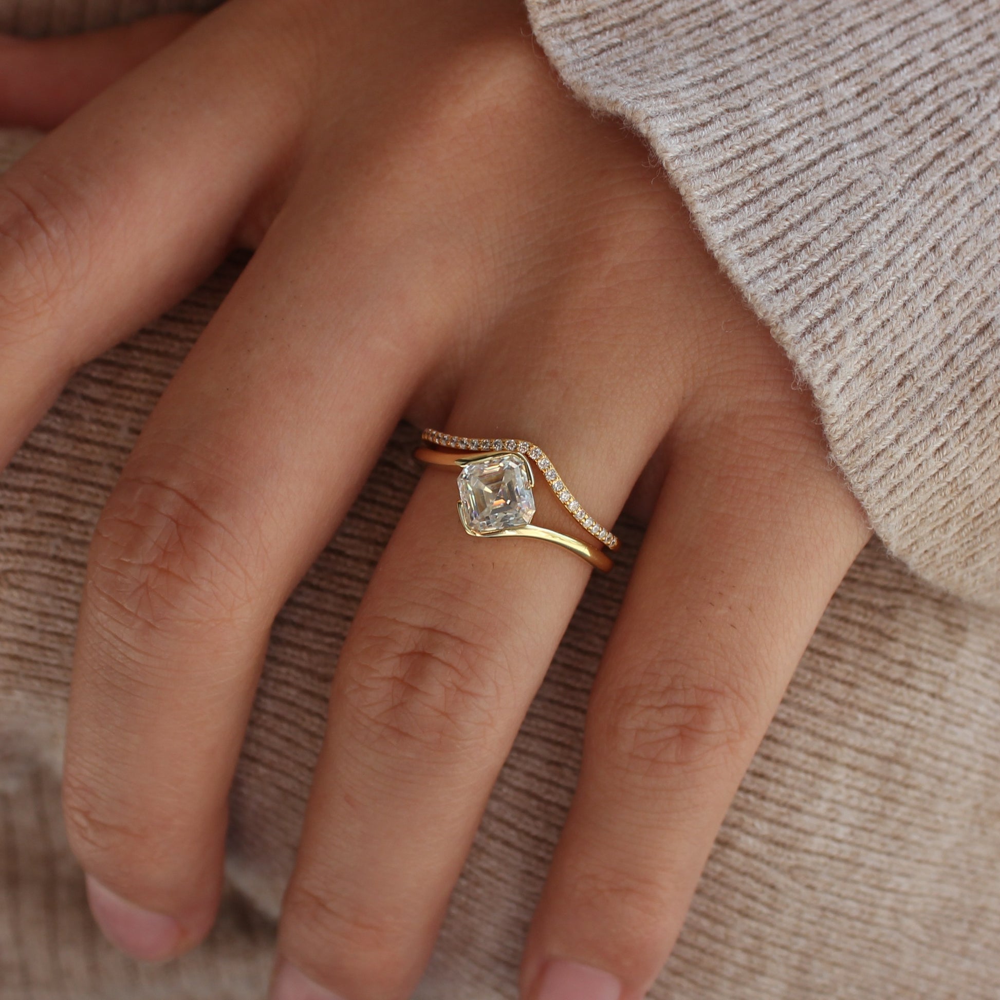 Liora duo moissanite ring set worn on hand, gold tone