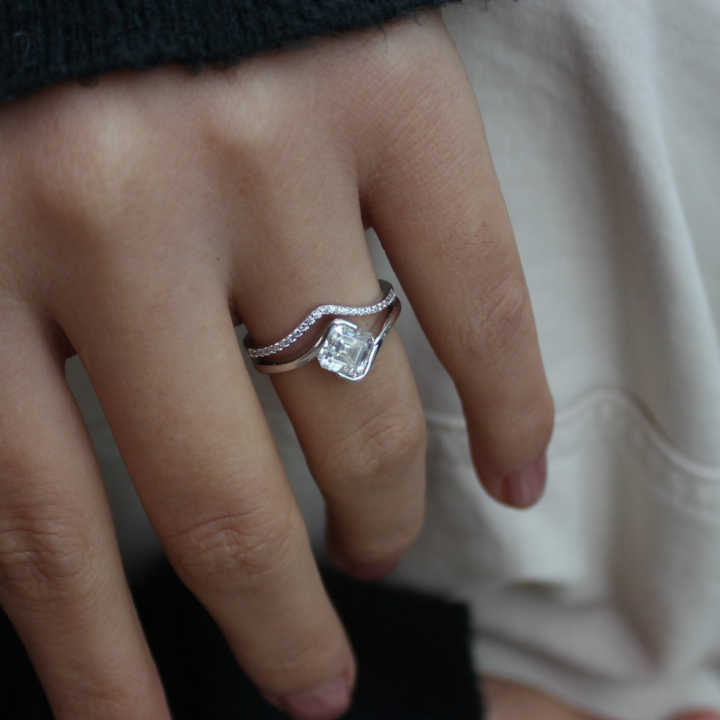 Moissanite duo ring set worn on hand, gold plated