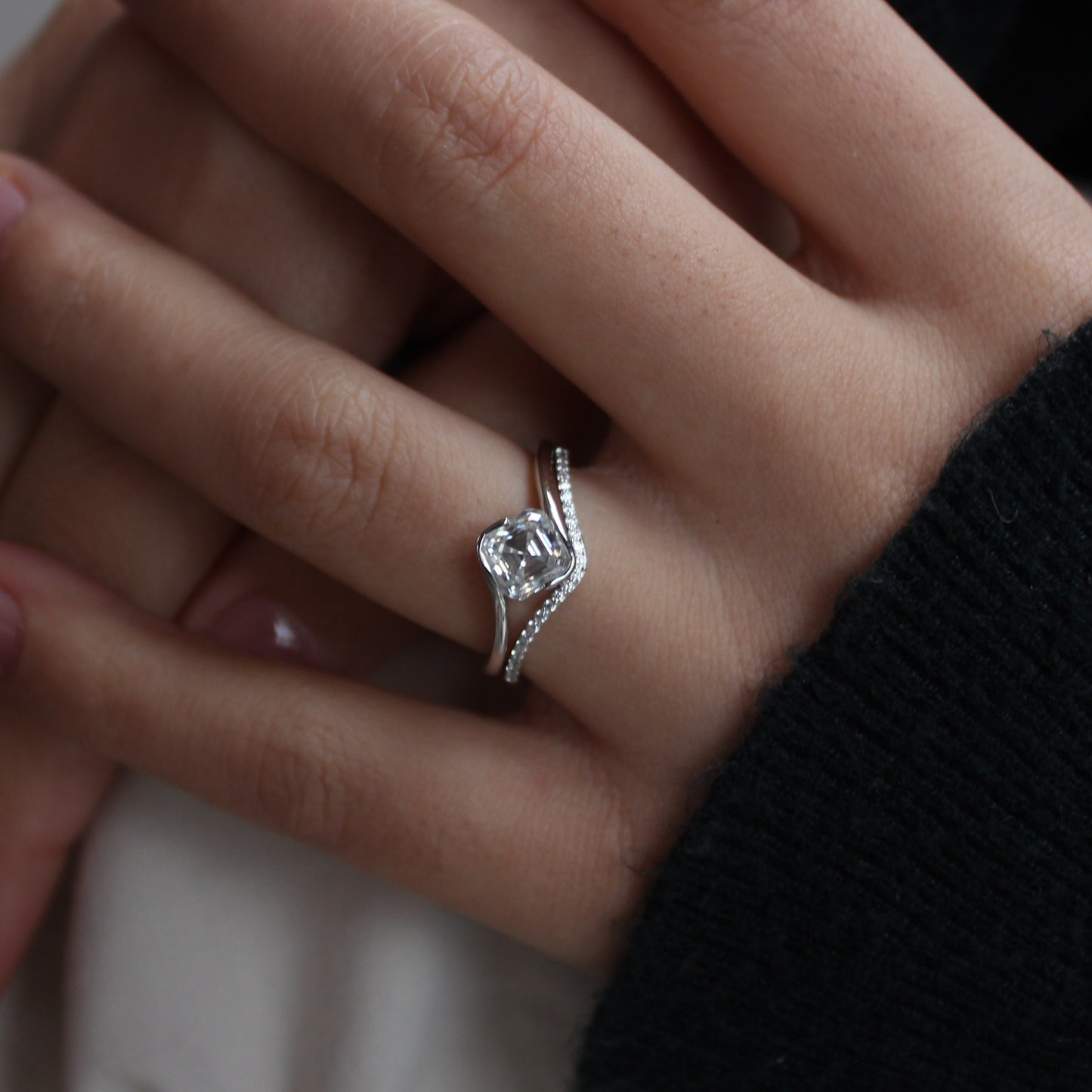 Liora duo moissanite ring set worn on hand, white gold tone