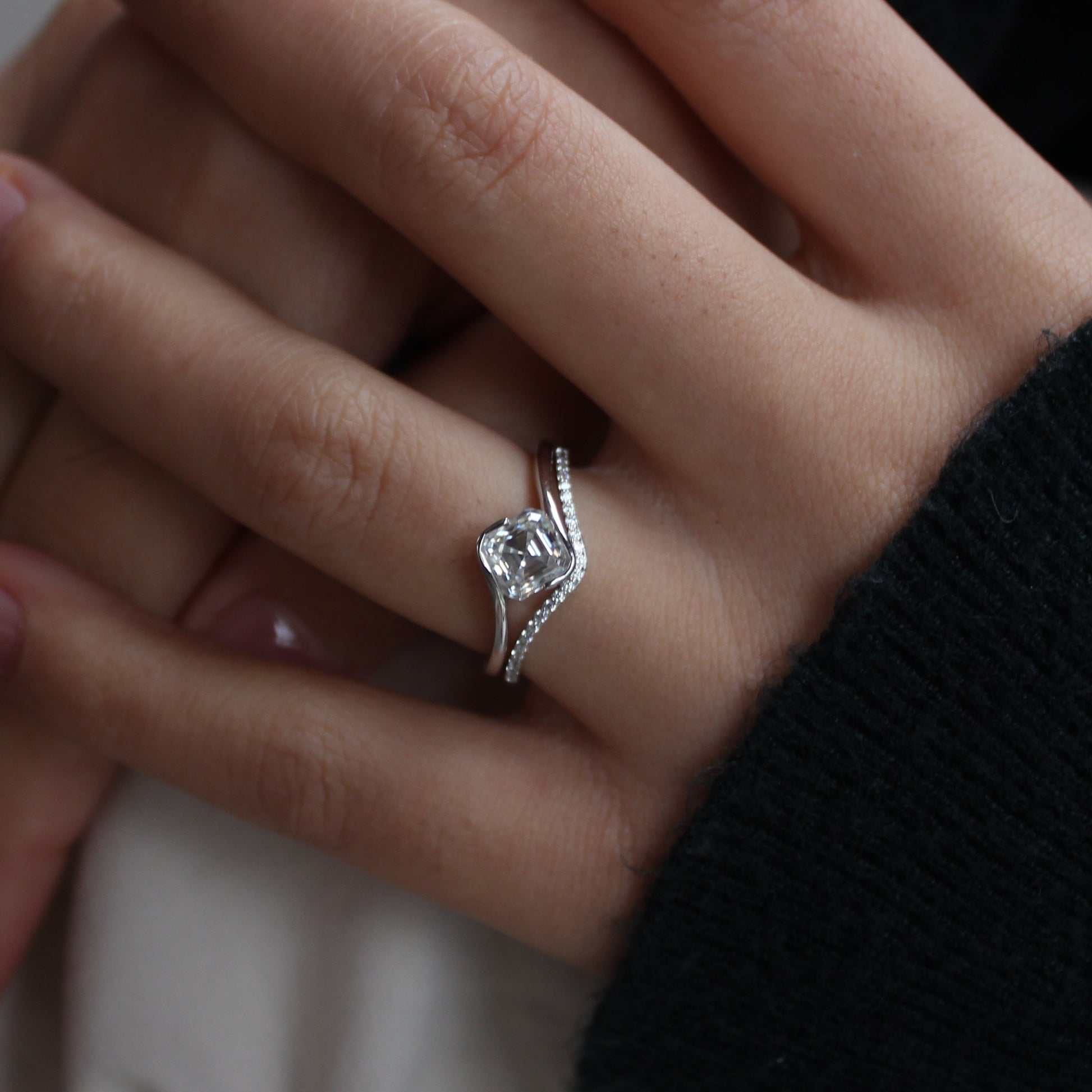 Liora duo moissanite ring set worn on hand, white gold tone