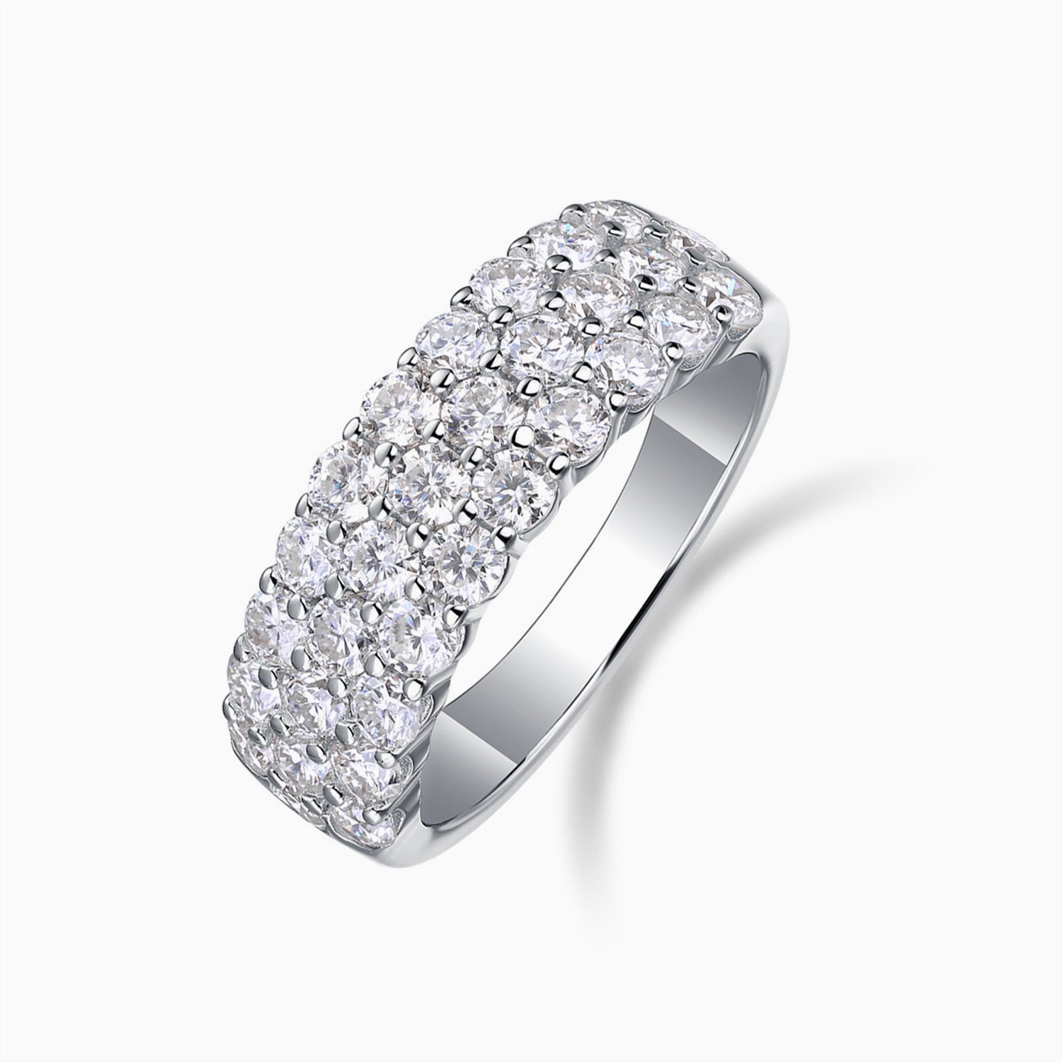 Luna pavé wide moissanite band ring in 18K gold plated sterling silver, vertical angled view
