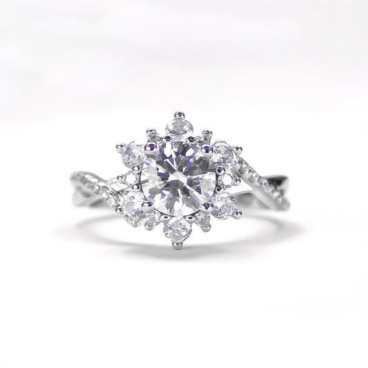 Lunaria floral halo moissanite ring in 18K gold plated sterling silver, front view on white background