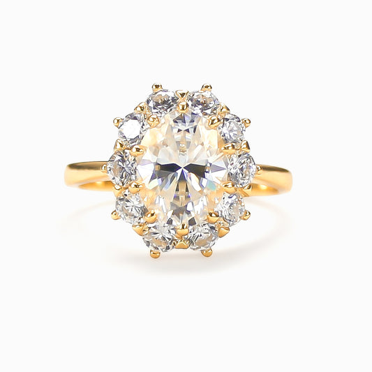 Oval halo moissanite ring in 18K gold plated sterling silver on white background