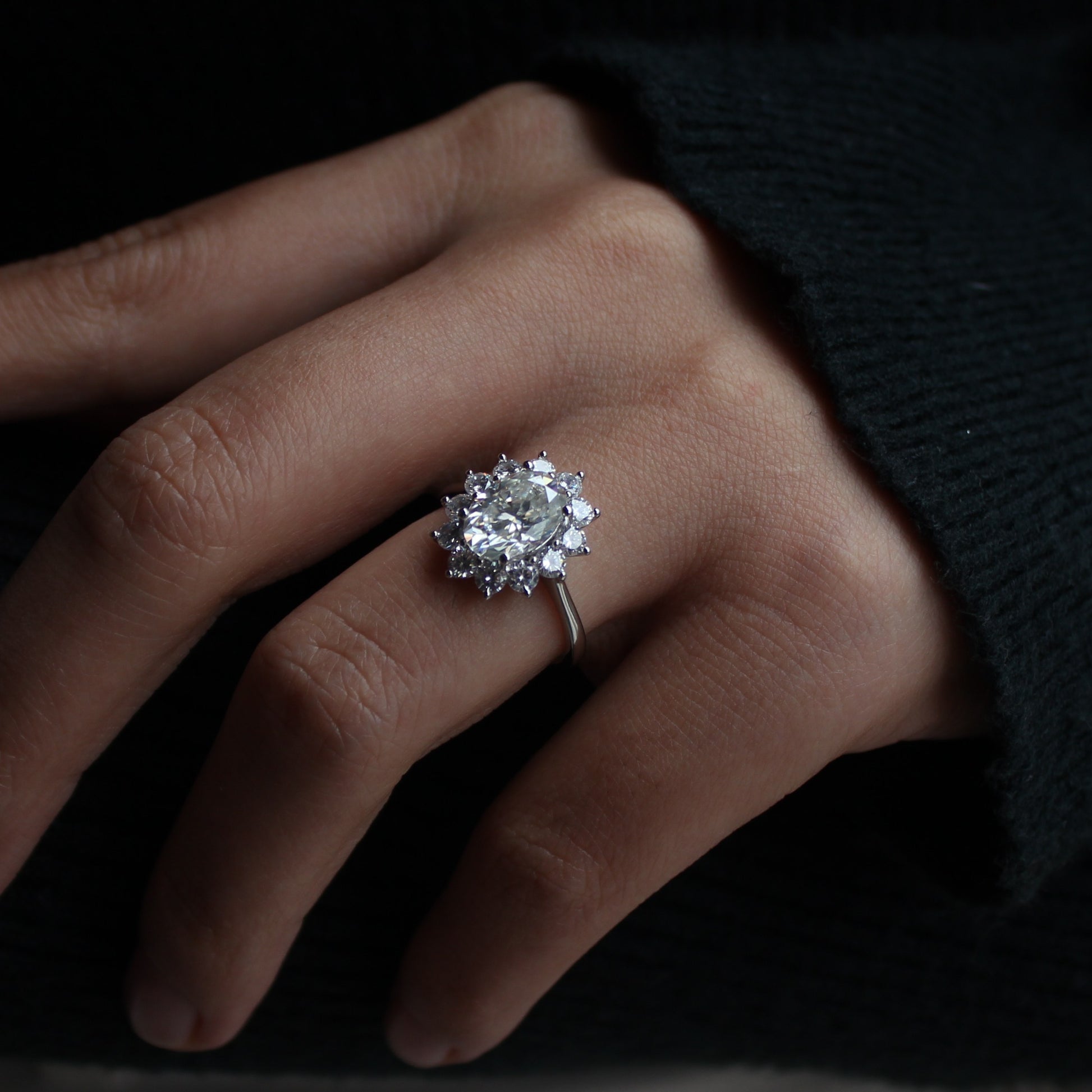 Brilliant oval halo moissanite ring worn on hand, evening light
Filename: