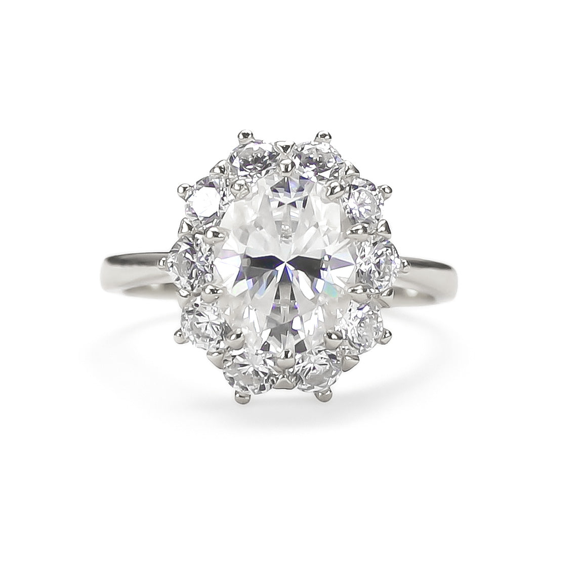 Oval halo moissanite ring in white gold tone sterling silver