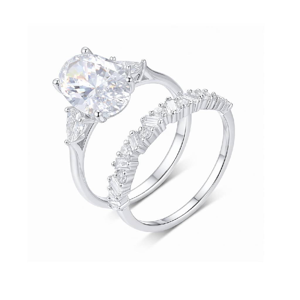 Oval moissanite stacking ring set angled view in white gold tone