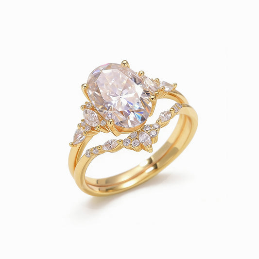 Oval moissanite duo wave stacking ring set in 18K gold plated sterling silver on white background