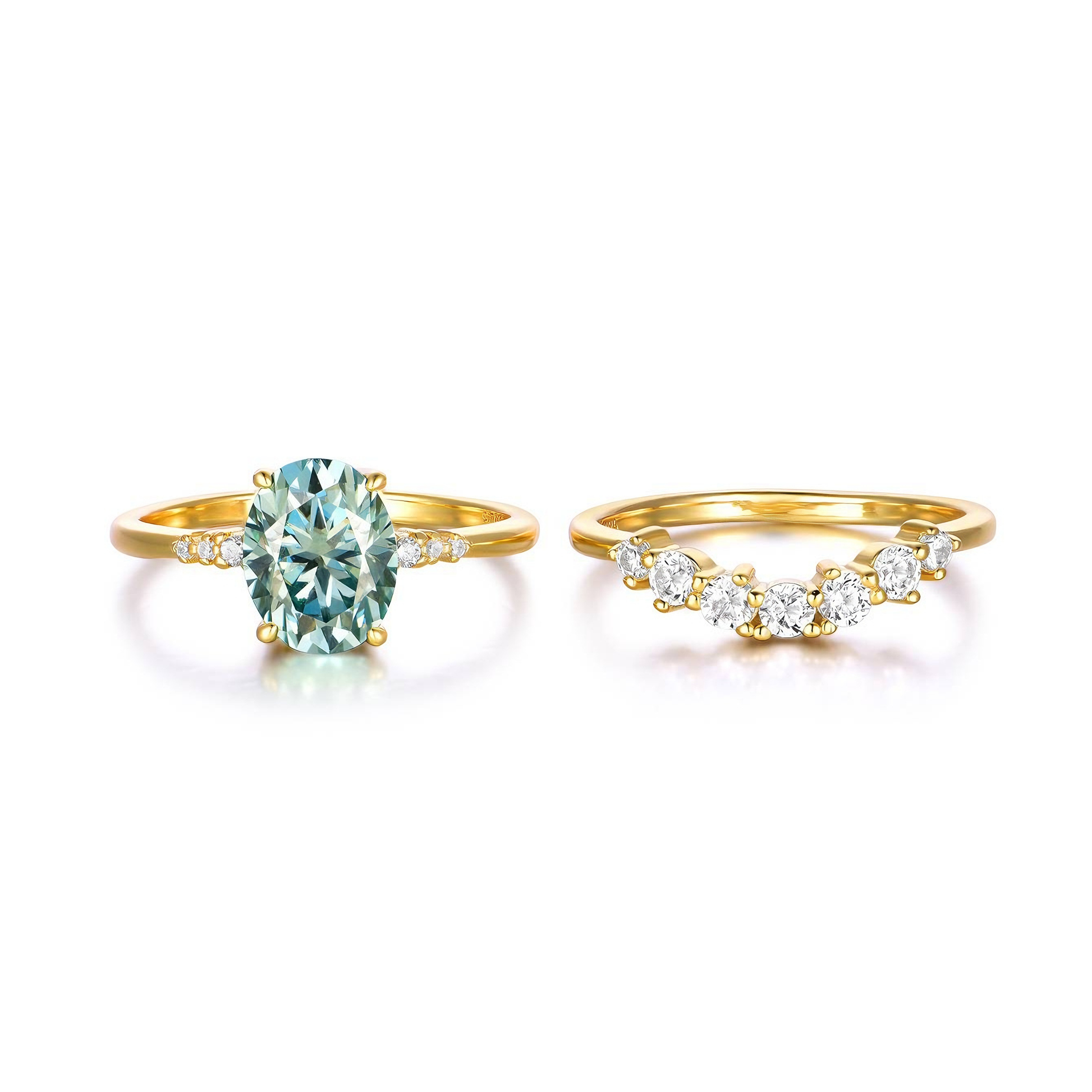 Flat lay of oval moissanite stackable ring set in 18K gold plated sterling silver