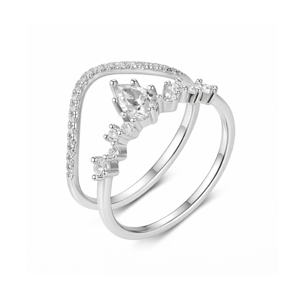 Petite Duo curved moissanite ring set stacked in white gold tone