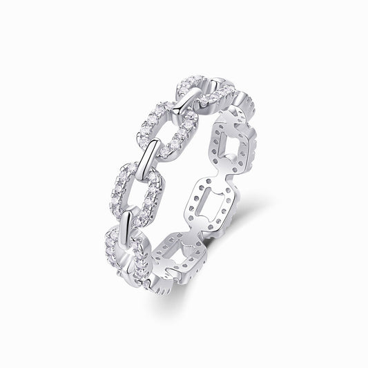 Stellar chain pavé moissanite band ring in 18K gold plated sterling silver on white background