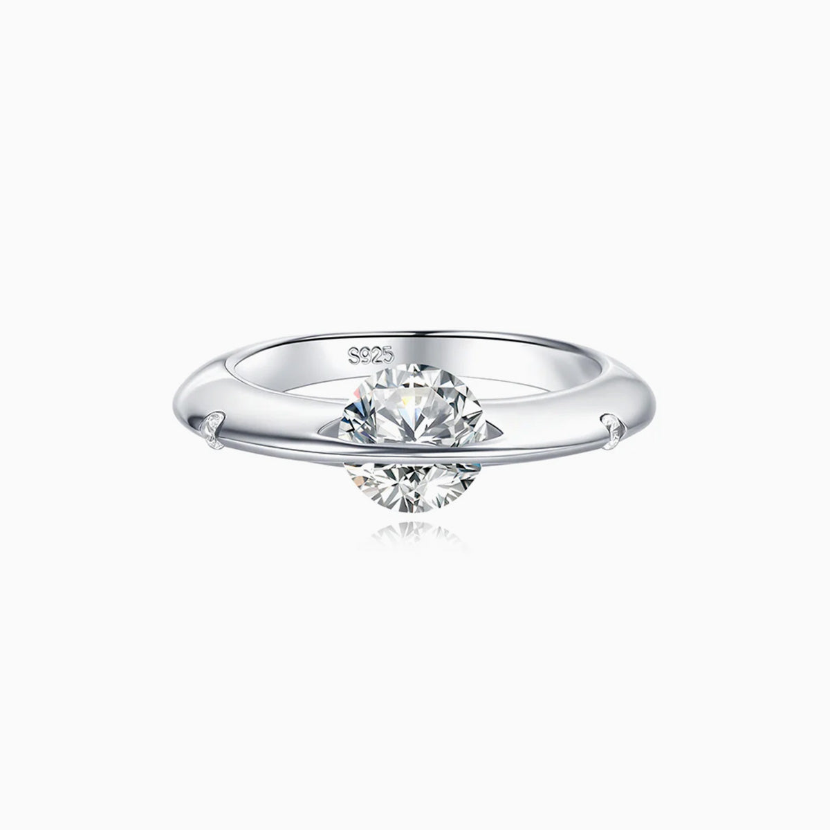 Stellar rotatable moissanite ring in 18K gold plated sterling silver, front view on white background