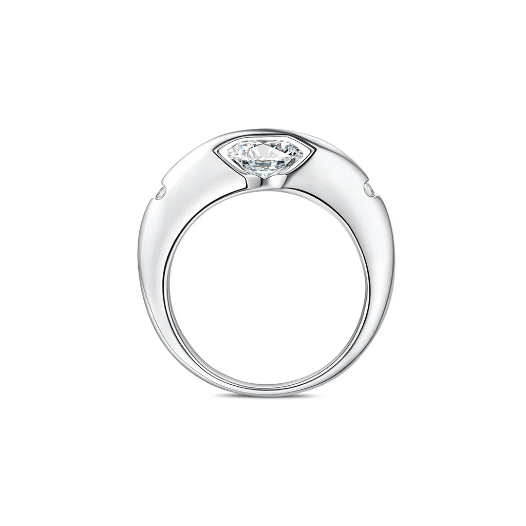Front side view of Stellar rotatable moissanite ring in white gold tone