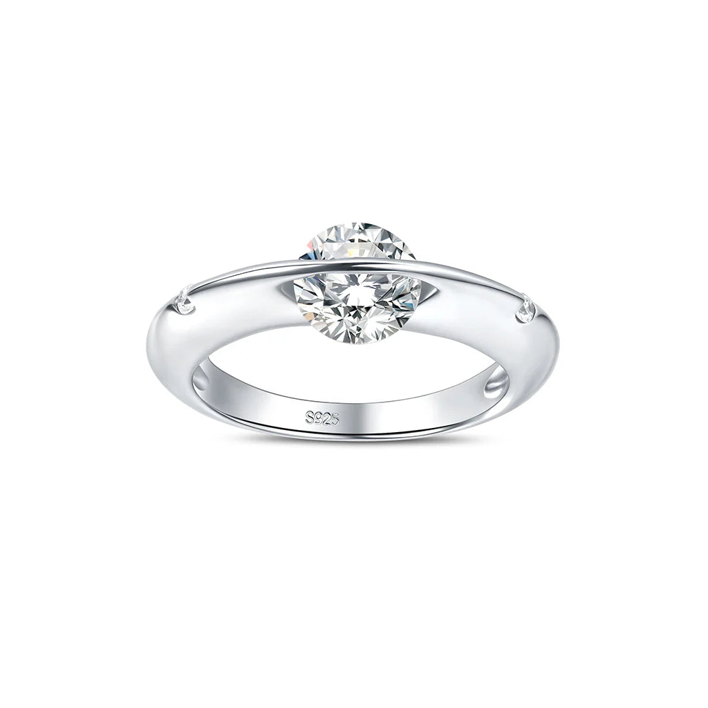 Stellar rotatable moissanite ring in white gold tone, vertical front angled view