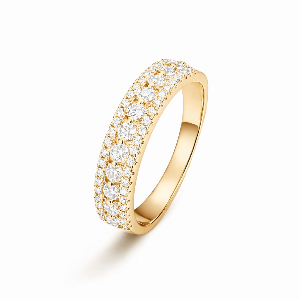 Gold tone triple pavé moissanite statement band ring in 18K gold plated sterling silver on white background