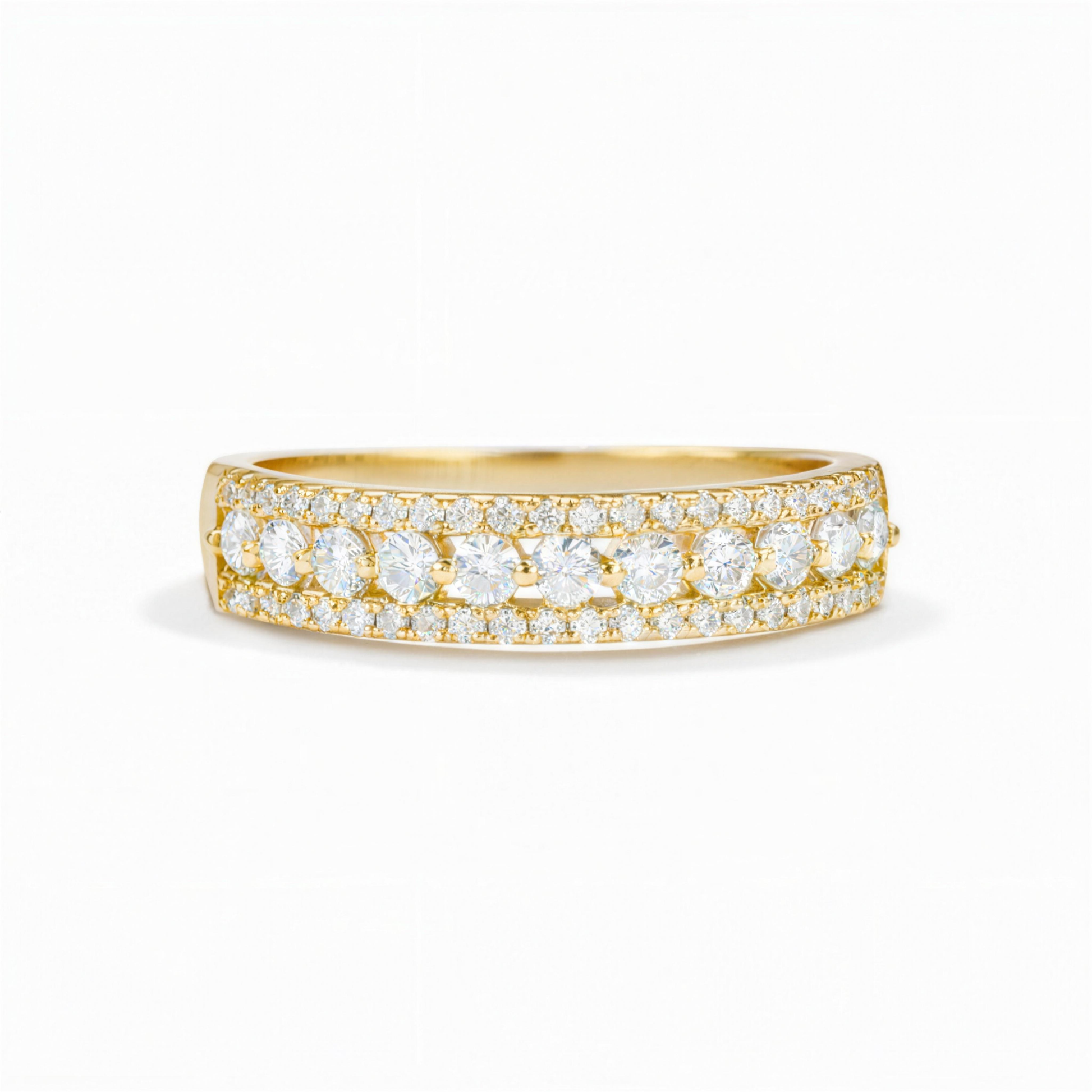 Front view of triple pavé moissanite statement band ring in 18K gold plated sterling silver on clean white background
