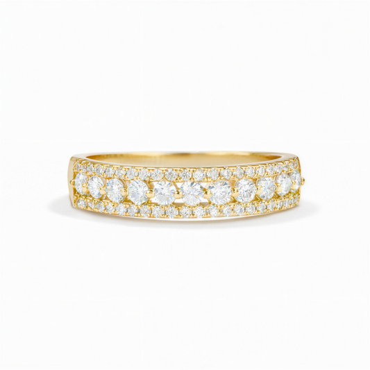 Front view of triple pavé moissanite statement band ring in 18K gold plated sterling silver on clean white background