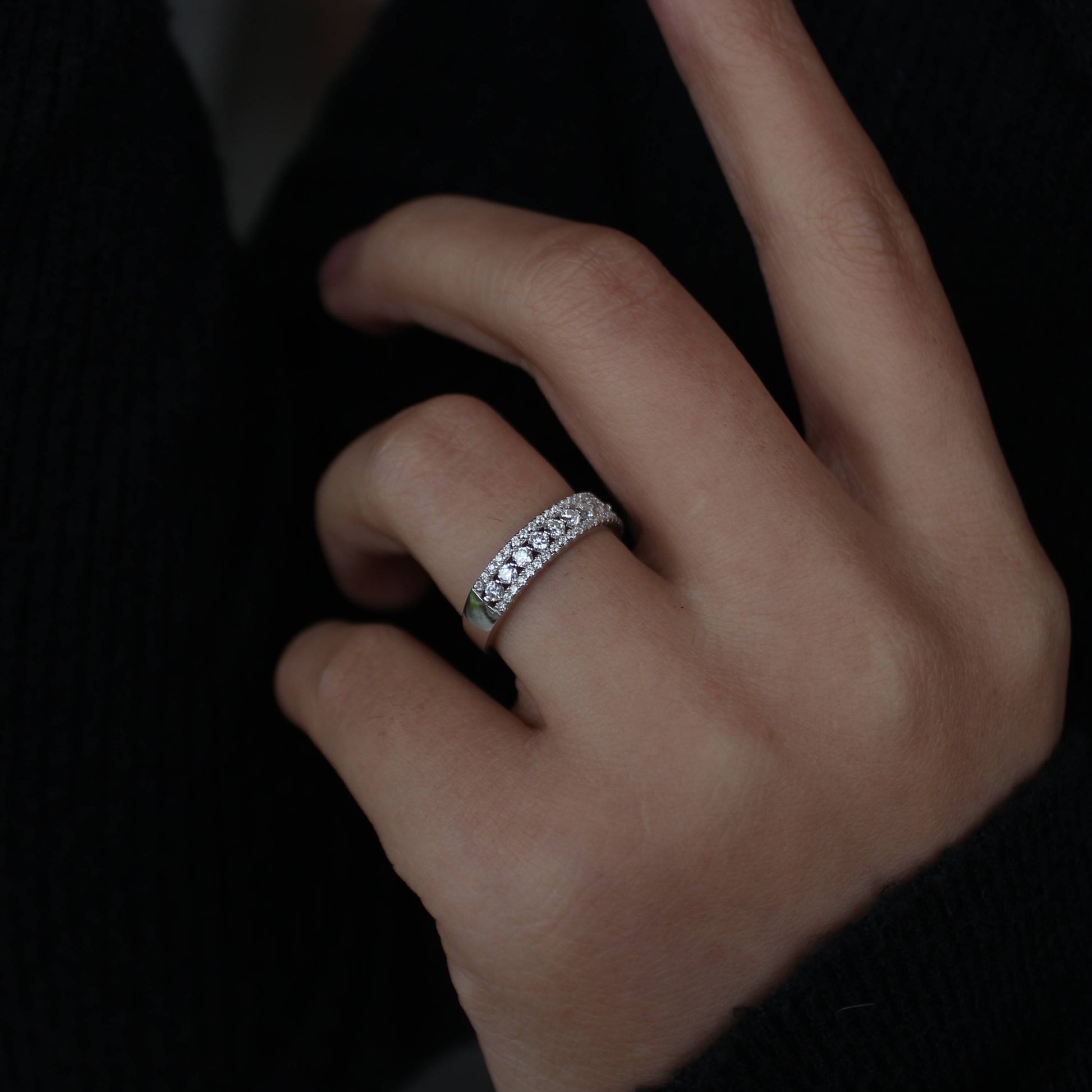 Stacking style featuring triple pavé moissanite statement band