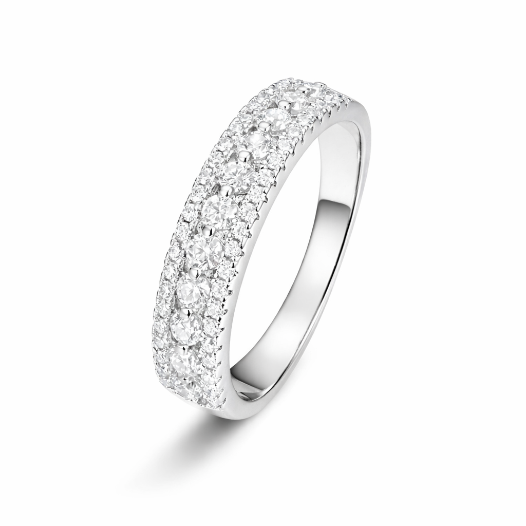 White gold tone triple pavé moissanite statement band on clean white background