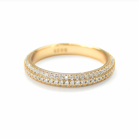 Triple row pavé moissanite band in 18K gold plated sterling silver on white background
